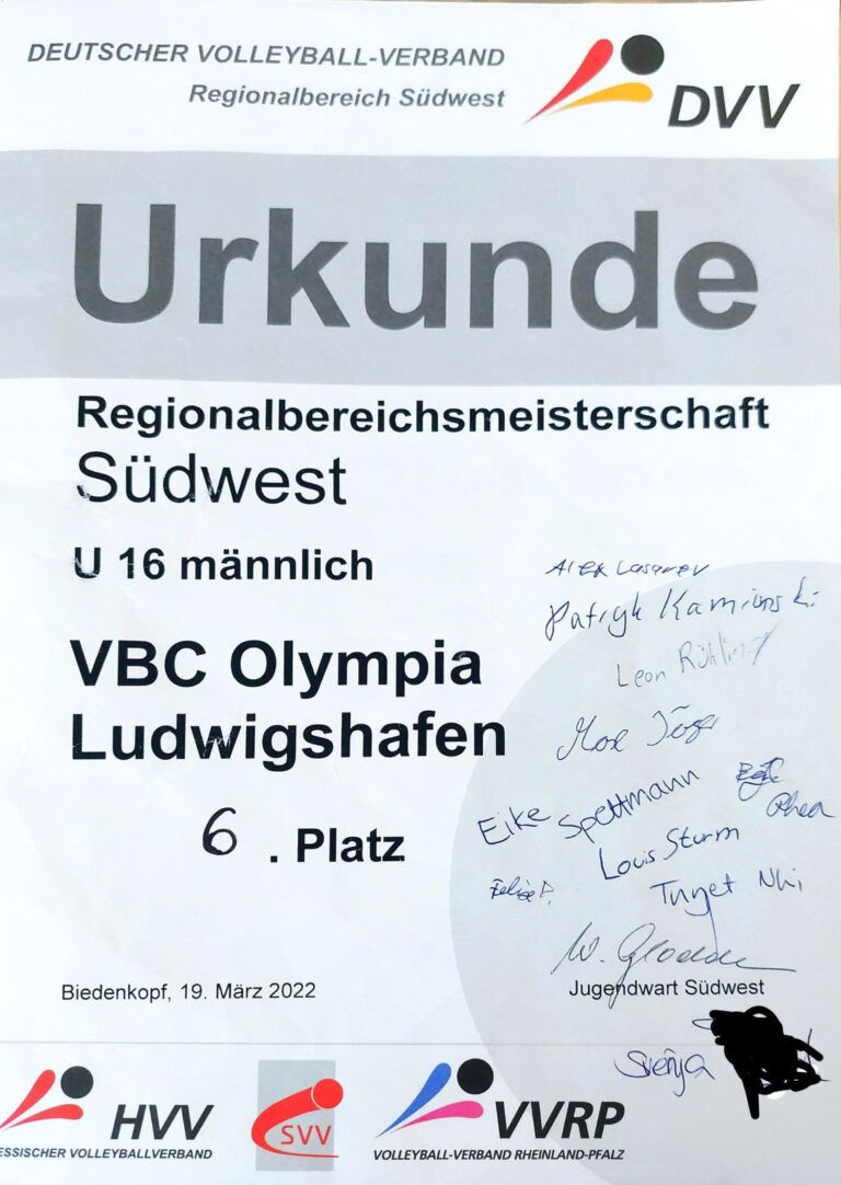 Urkunde: Regionalmeisterschaft U16 männlich