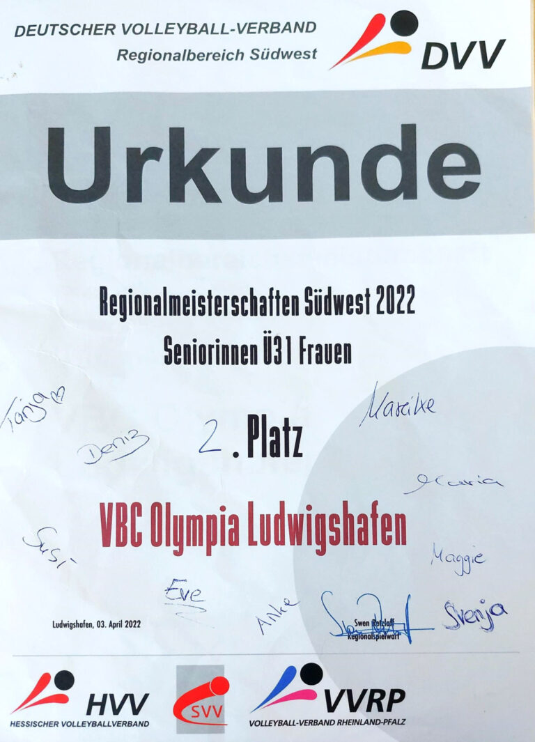 Urkunde: Regionalmeisterschaft Ü31 weiblich