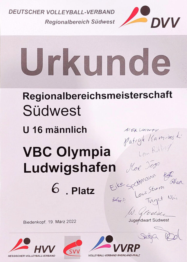 Urkunde: Südwestdeutsche Meisterschaften U16 männlich