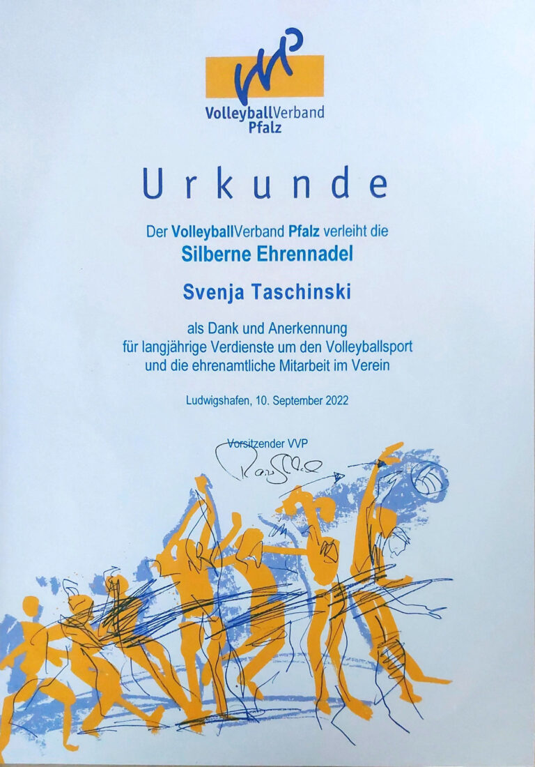 Urkunde: Silberne Ehrennadel des VVP für Svenja Taschinski