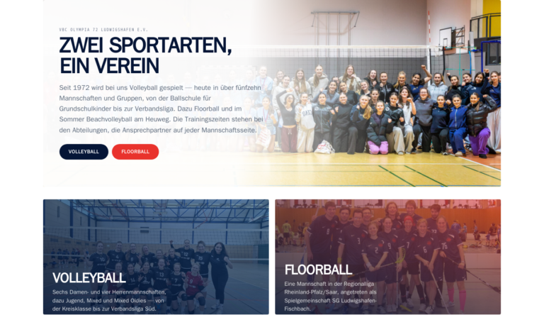 Startseite der neuen Website: Bühnenbild mit Mannschaftsfoto, darunter die Kacheln für Volleyball und Floorball