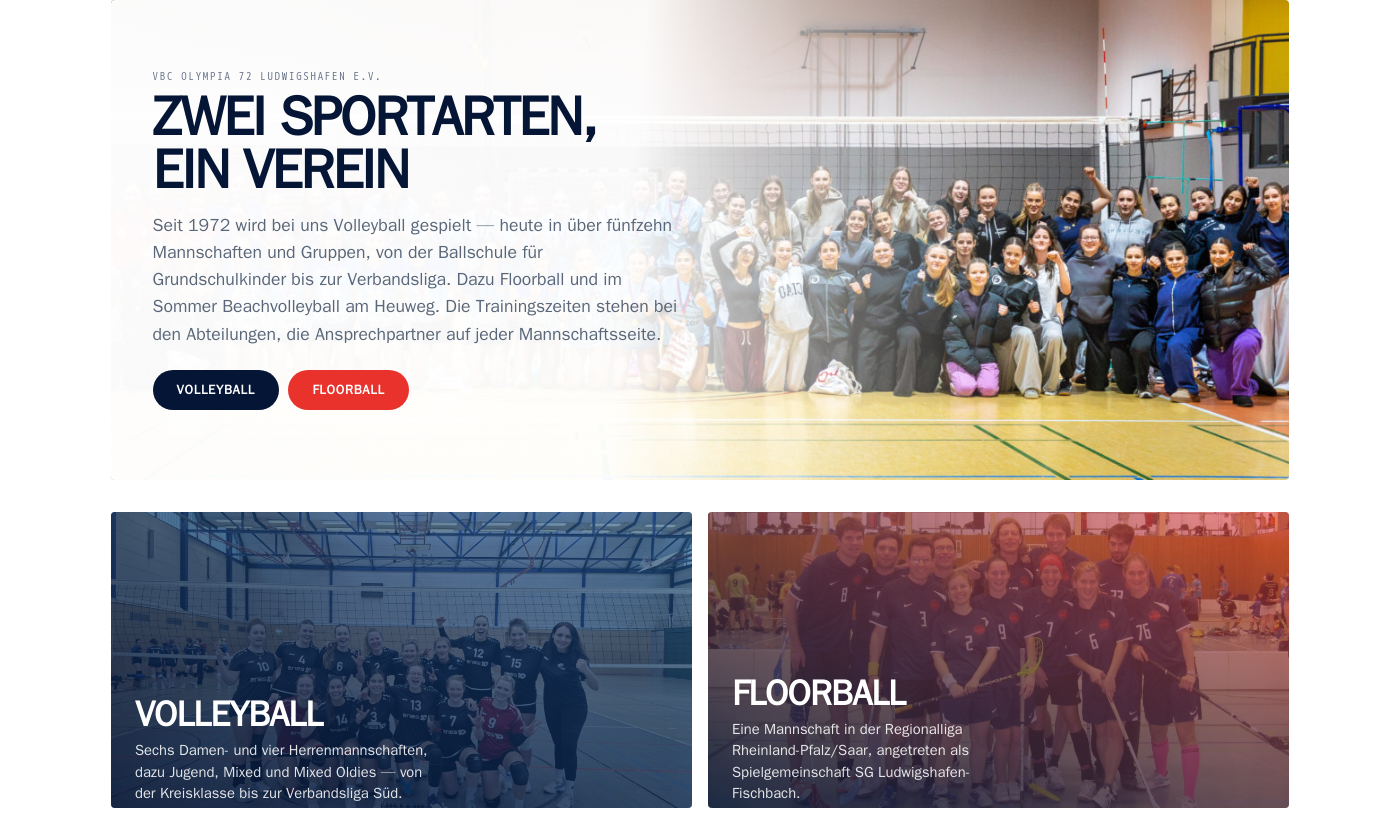 Startseite der neuen Website: Bühnenbild mit Mannschaftsfoto, darunter die Kacheln für Volleyball und Floorball